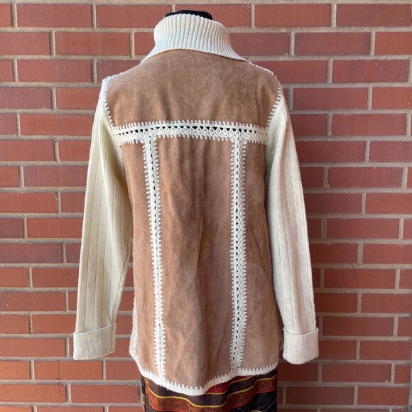 Vintage 70s Suede Leather Knit Cardigan Sweater Jacket Retro | Size S/M - Picture 9 of 10